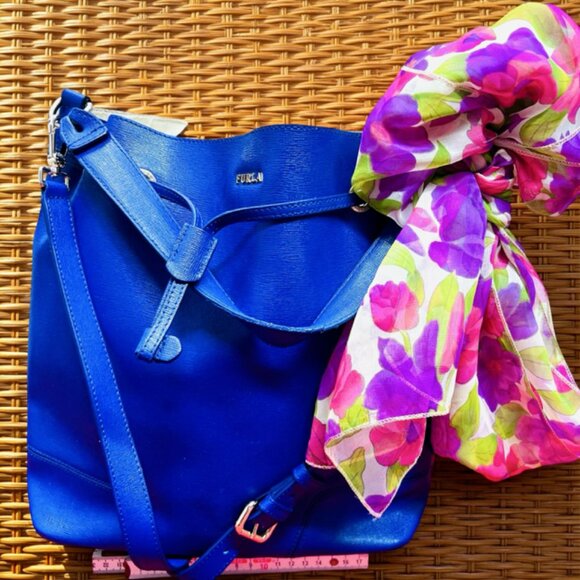 Furla Blue Leather Hobo Shoulder Bag 13"x4"x11" +FREE Chiffon Floral Scarf (40 - Picture 3 of 15